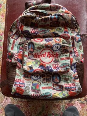 SUPER COOL! Hard Rock Cafe Multicolor Patch-Print Backpack with Red Logo